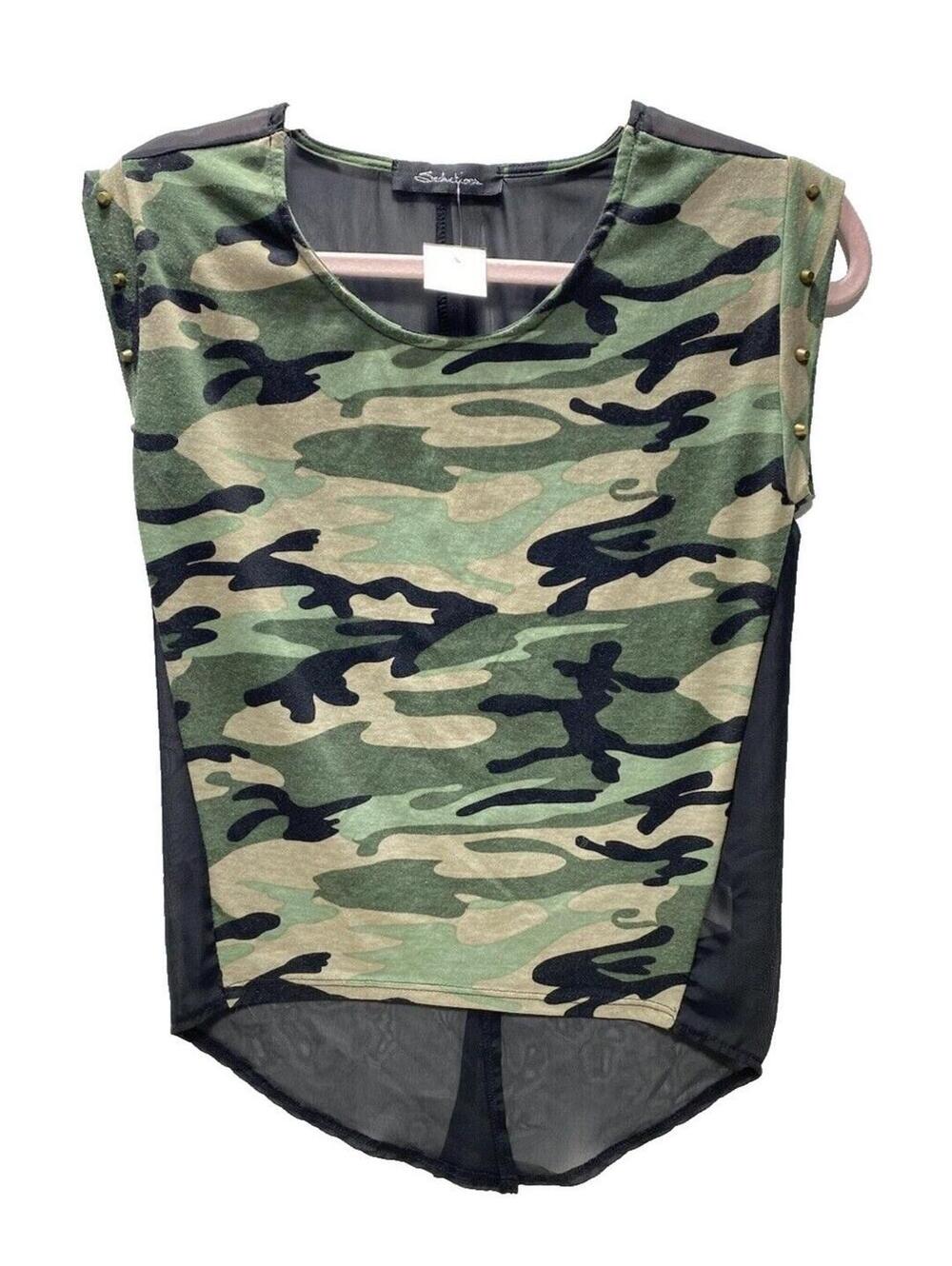 Women's Army Tee: Green & Black Sheer Back T-Shirt with Studded Arms - Size XS